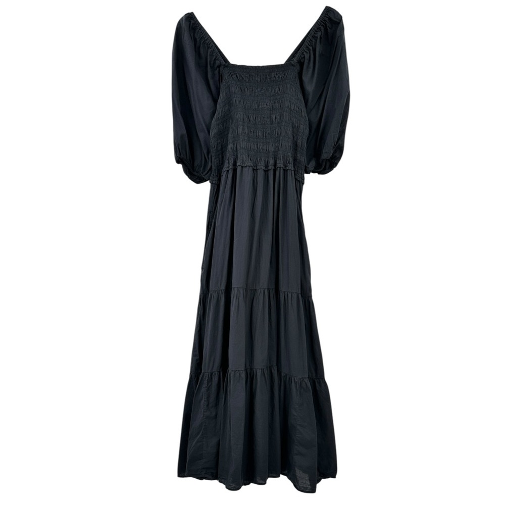 XiRENA Chiara Black Cotton Poplin Smocked Balloon Sleeve Tiered Midi Dress sz L
